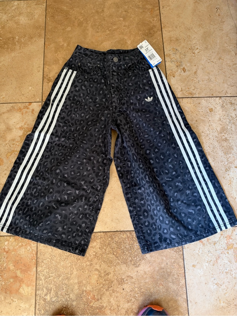 adidas women’s  Black Leopard-Print Wide Leg Jeans with White Three Stripes